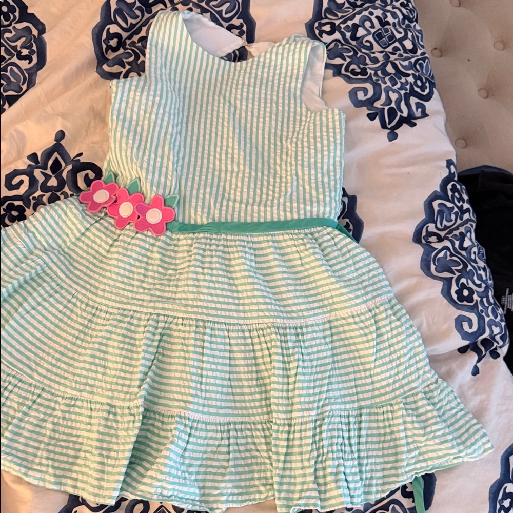 Florence Eiseman Mint and White Striped Dress with Pink Floral Accent